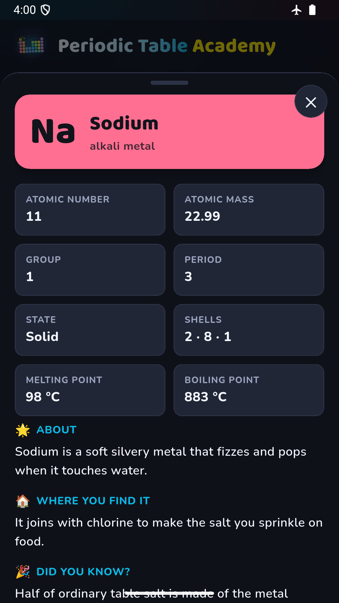 Periodic Table Academy Screenshot – Element facts
